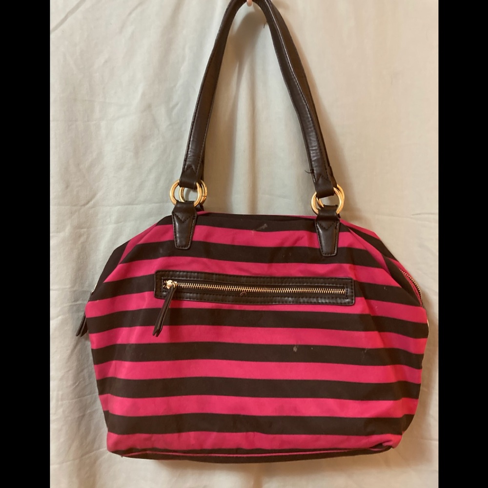 pink and black striped shoulder bag